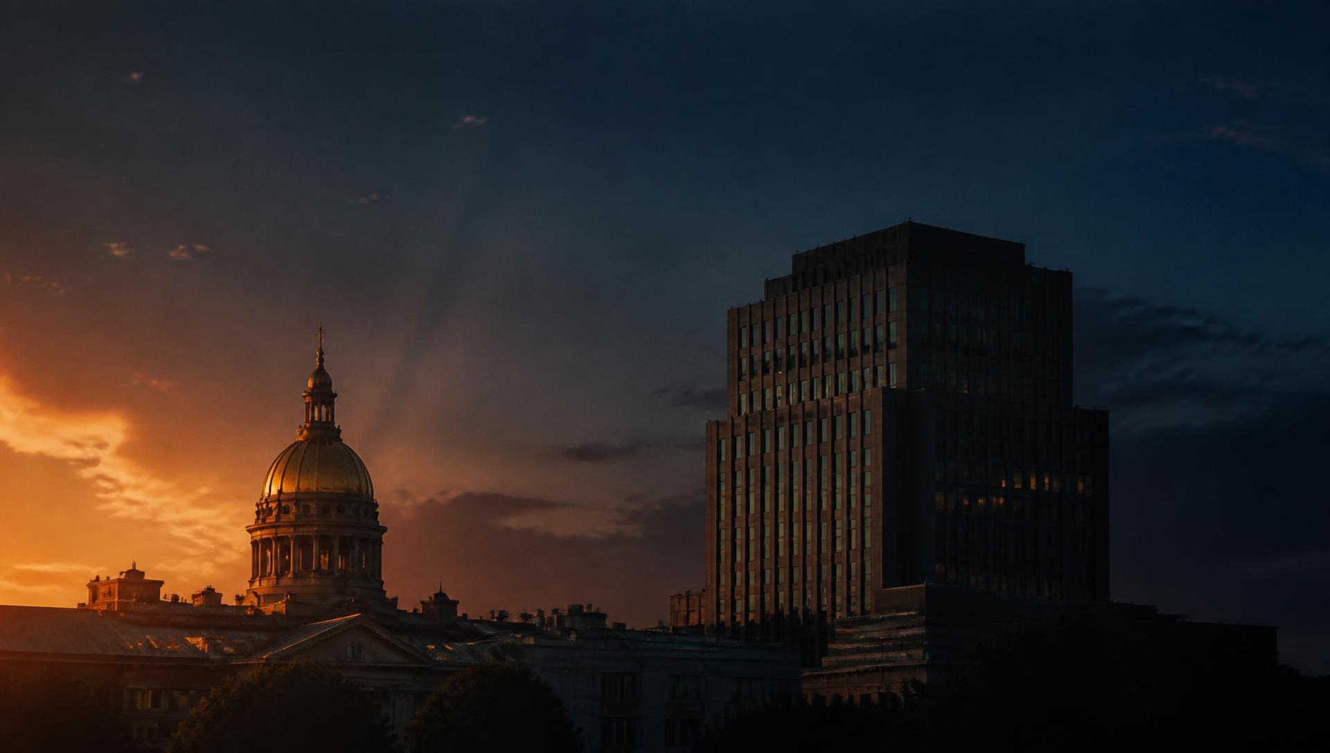New Jersey State House dome at dusk beside a modern government tower